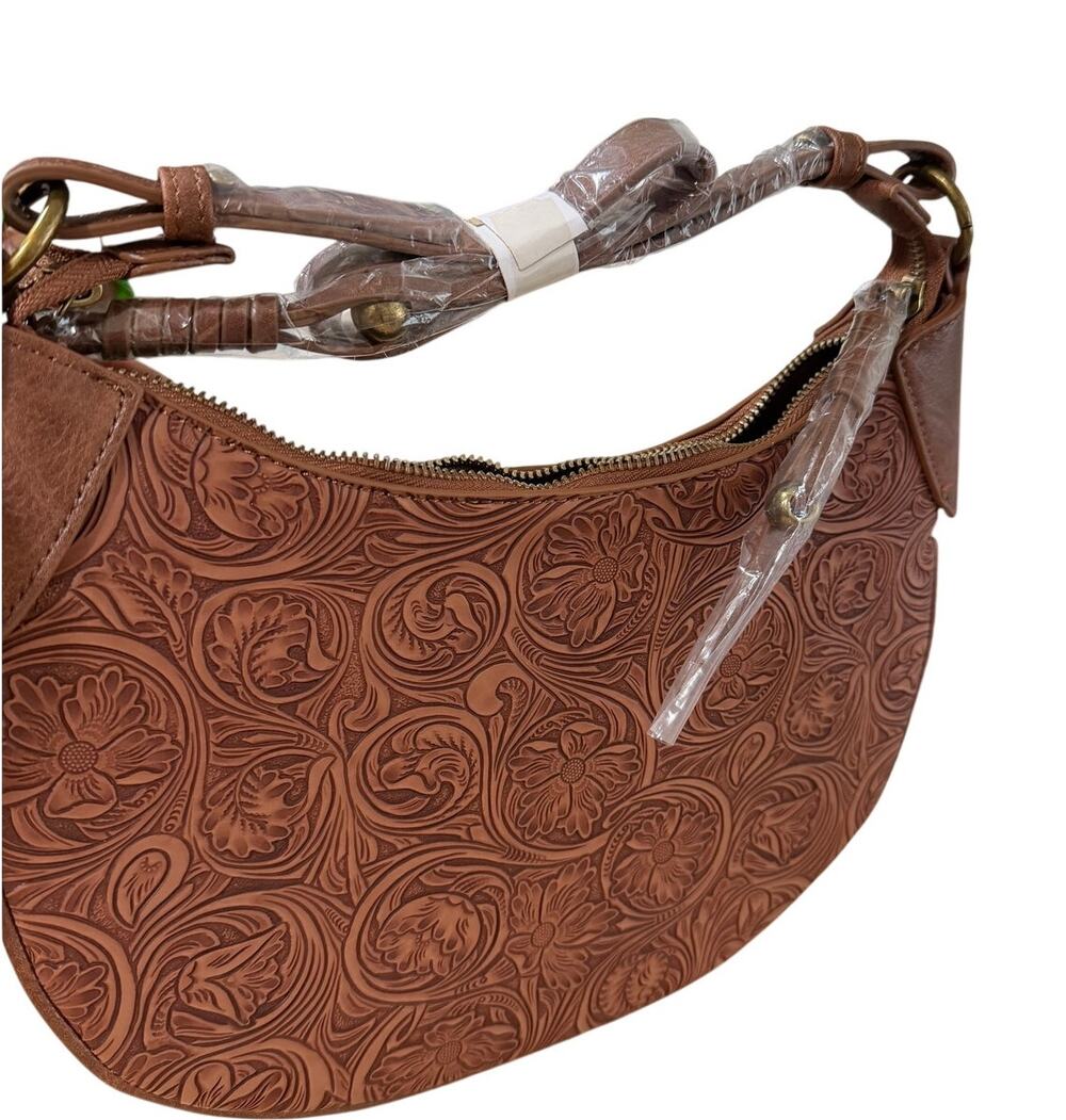 NEW Brown Floral Embossed Hobo Western Boho Tooled Look Shoulder, Handbag Purse